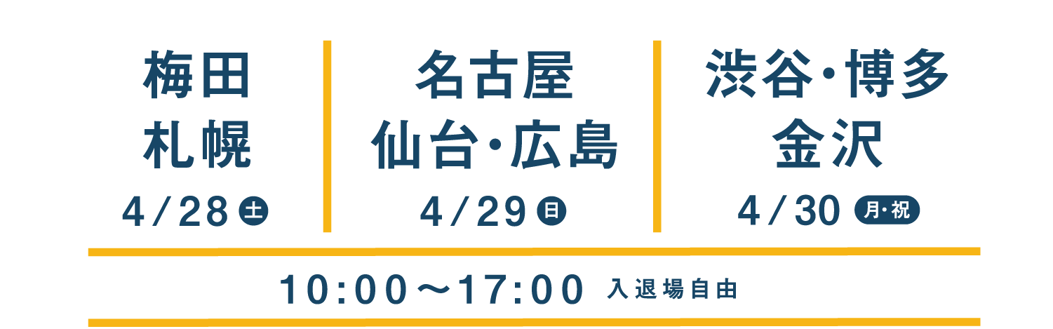 梅田・札幌4/28（土）　名古屋・仙台・広島4/29（日）　渋谷・博多・金沢4/30（月・祝）